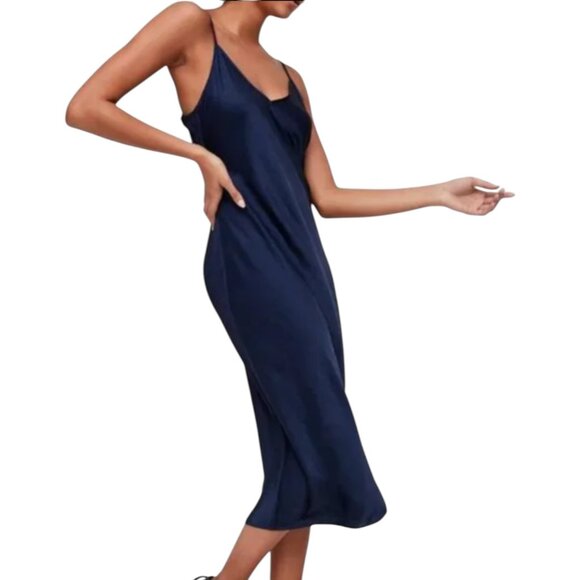 NWOT Aritzia Wilfred Only Slip Satin Midi Dress in Dark Blue Size Small - Picture 3 of 10